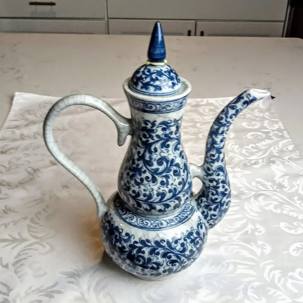 Thai Blue Grey Swirl Print Ewer Lidded Pitcher